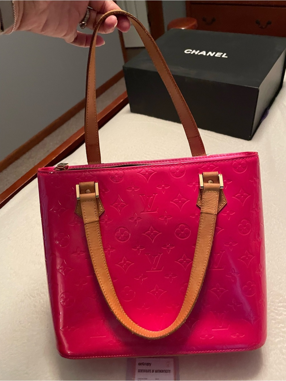 Louis Vuitton Hot Pink Vernis Patent Shoulder Tote with Tan Handles
